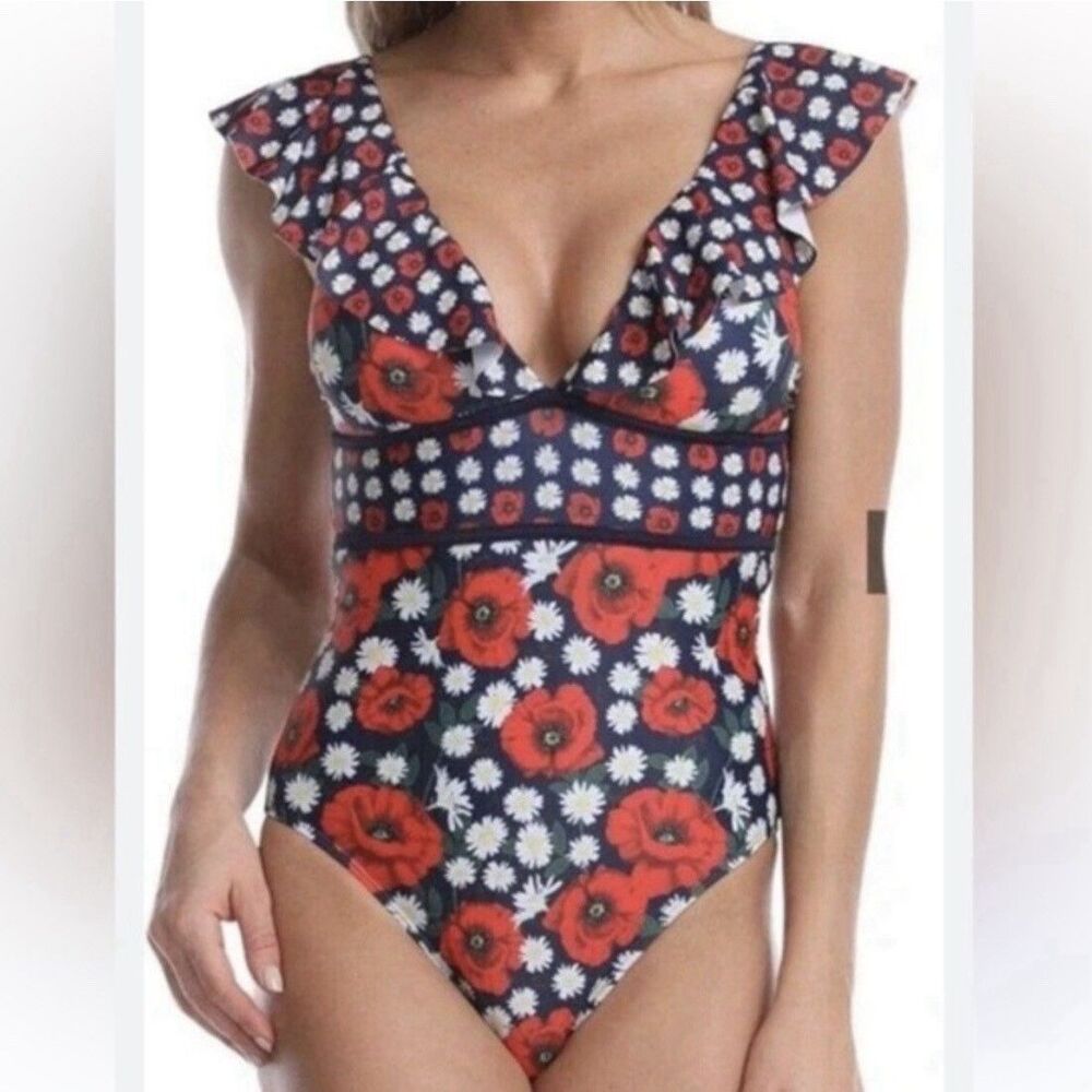 Juicy Couture One Piece Swimsuit deep V-neck Red Poppies Woman’s Size M NWOT - Picture 3 of 10